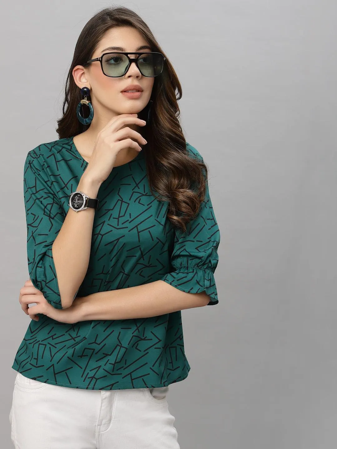 Style Quotient Women Bottle Green and Black Abstract Printed Polyester Smart Casual Top