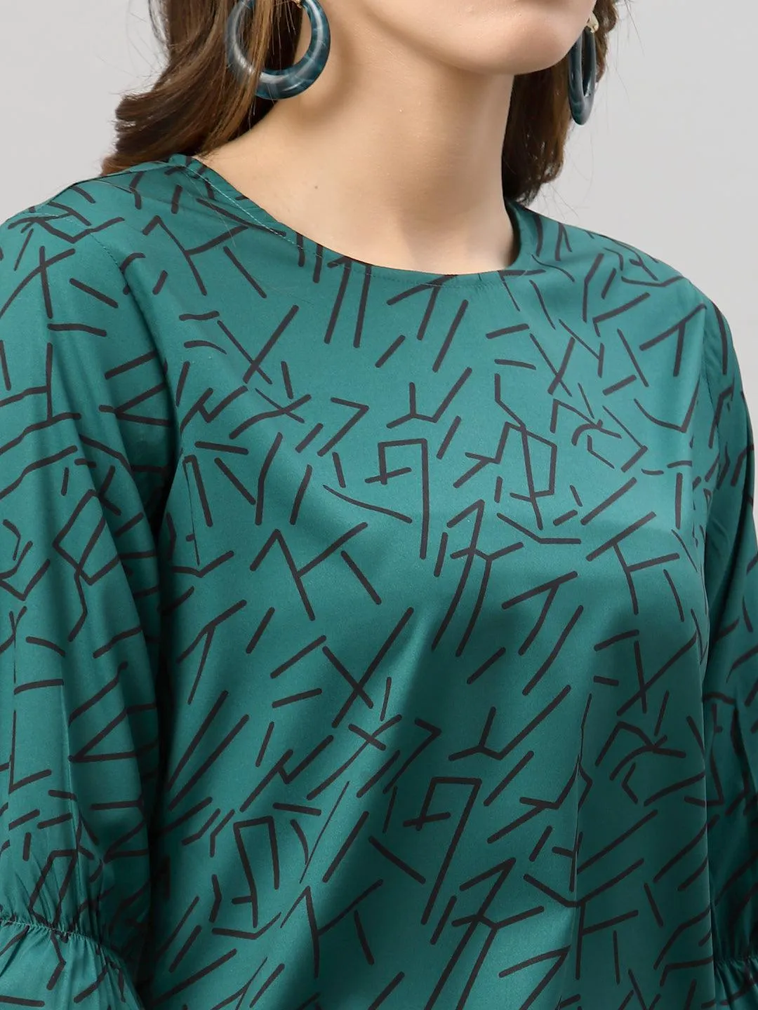 Style Quotient Women Bottle Green and Black Abstract Printed Polyester Smart Casual Top