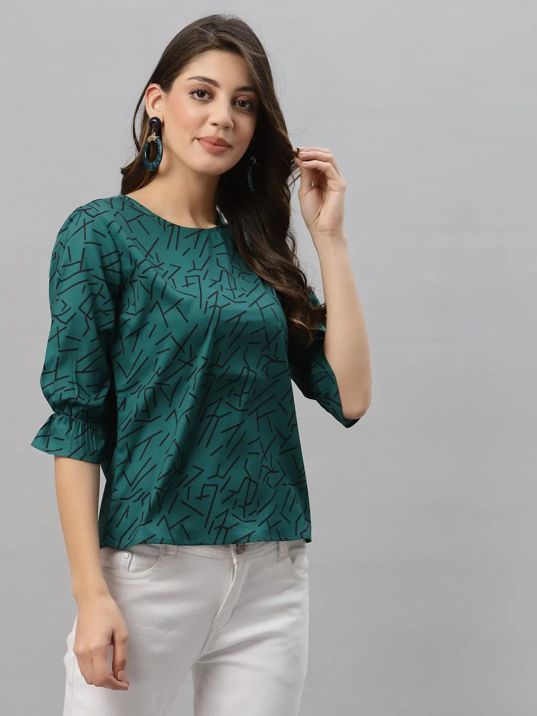 Style Quotient Women Bottle Green and Black Abstract Printed Polyester Smart Casual Top