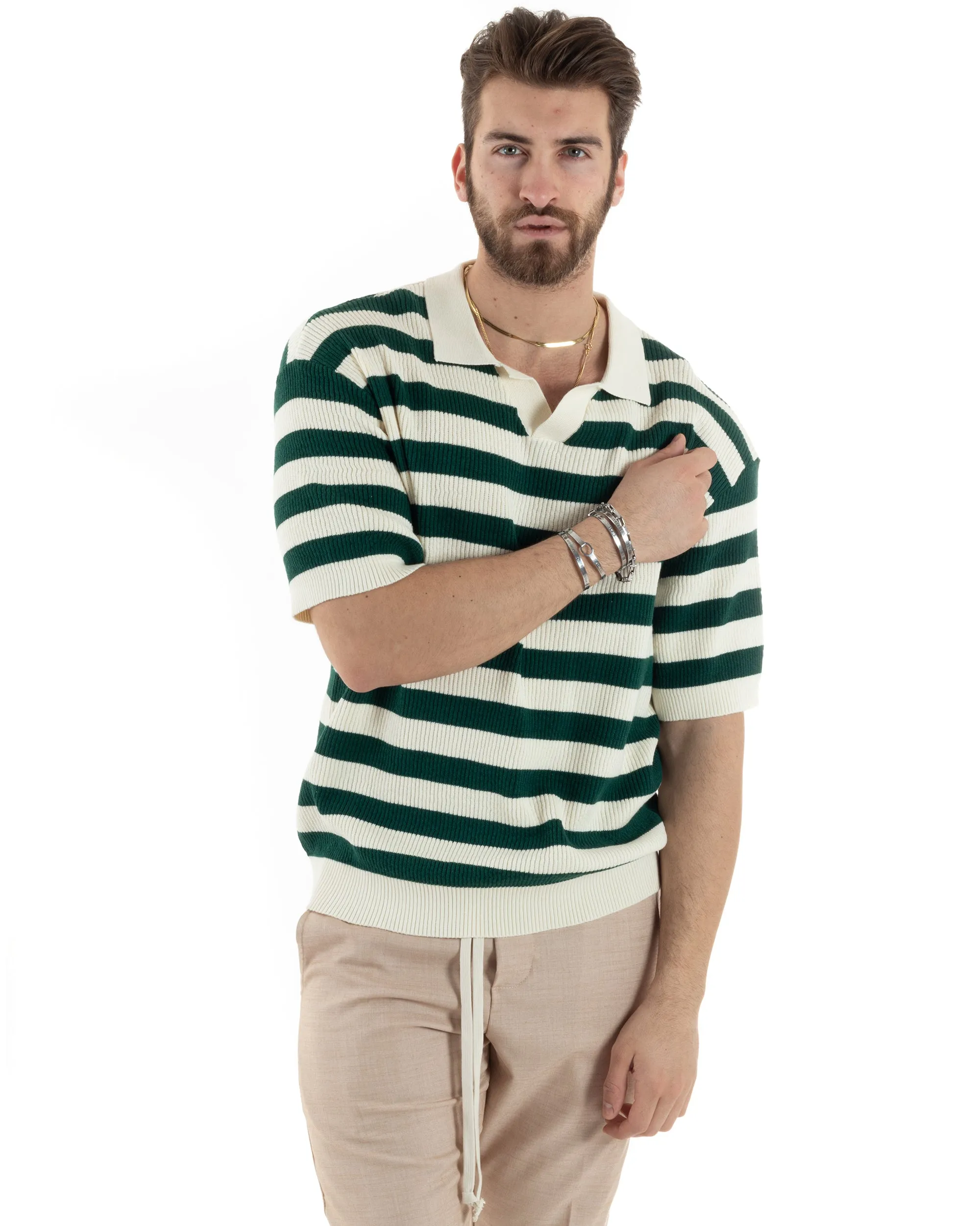 T-Shirt Uomo Maglia In Filo Rigata Verde Maglia Con Colletto Polo Scollo V Casual GIOSAL-TS2993A