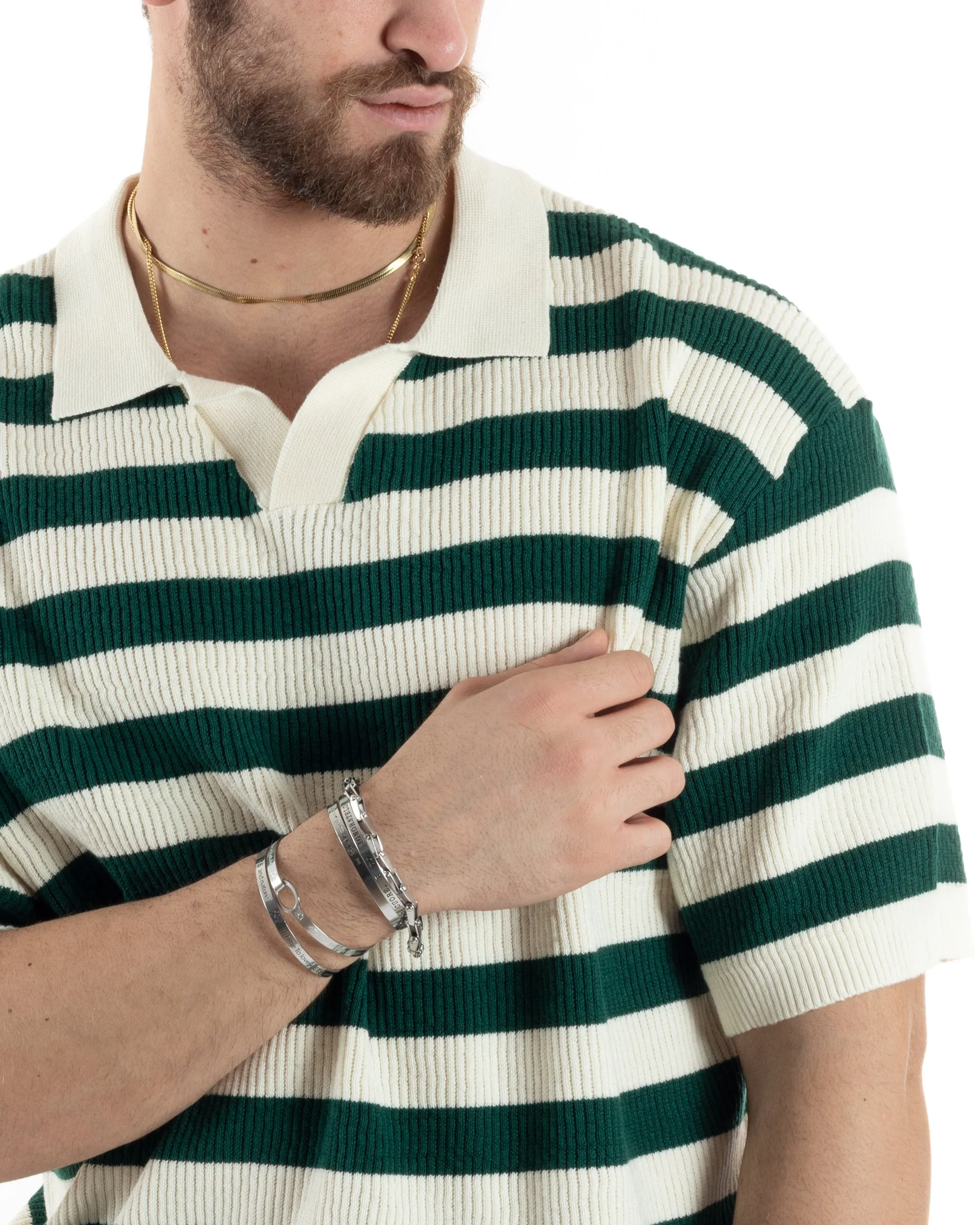 T-Shirt Uomo Maglia In Filo Rigata Verde Maglia Con Colletto Polo Scollo V Casual GIOSAL-TS2993A