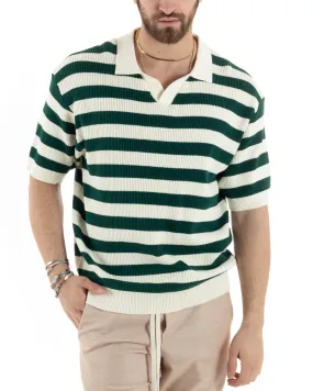 T-Shirt Uomo Maglia In Filo Rigata Verde Maglia Con Colletto Polo Scollo V Casual GIOSAL-TS2993A