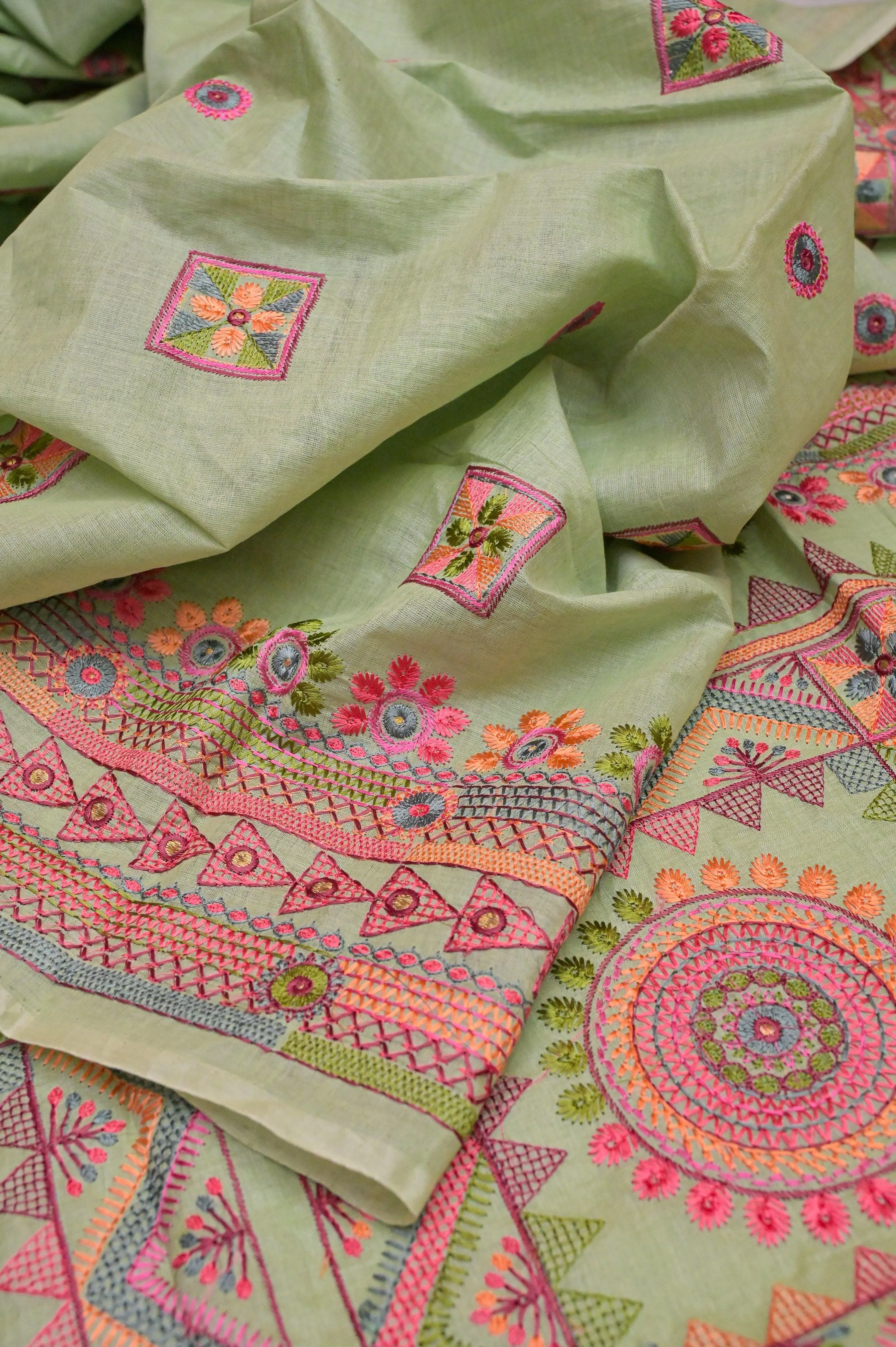 Tea Green Color Half Tussar Saree with Lambani Embroidery