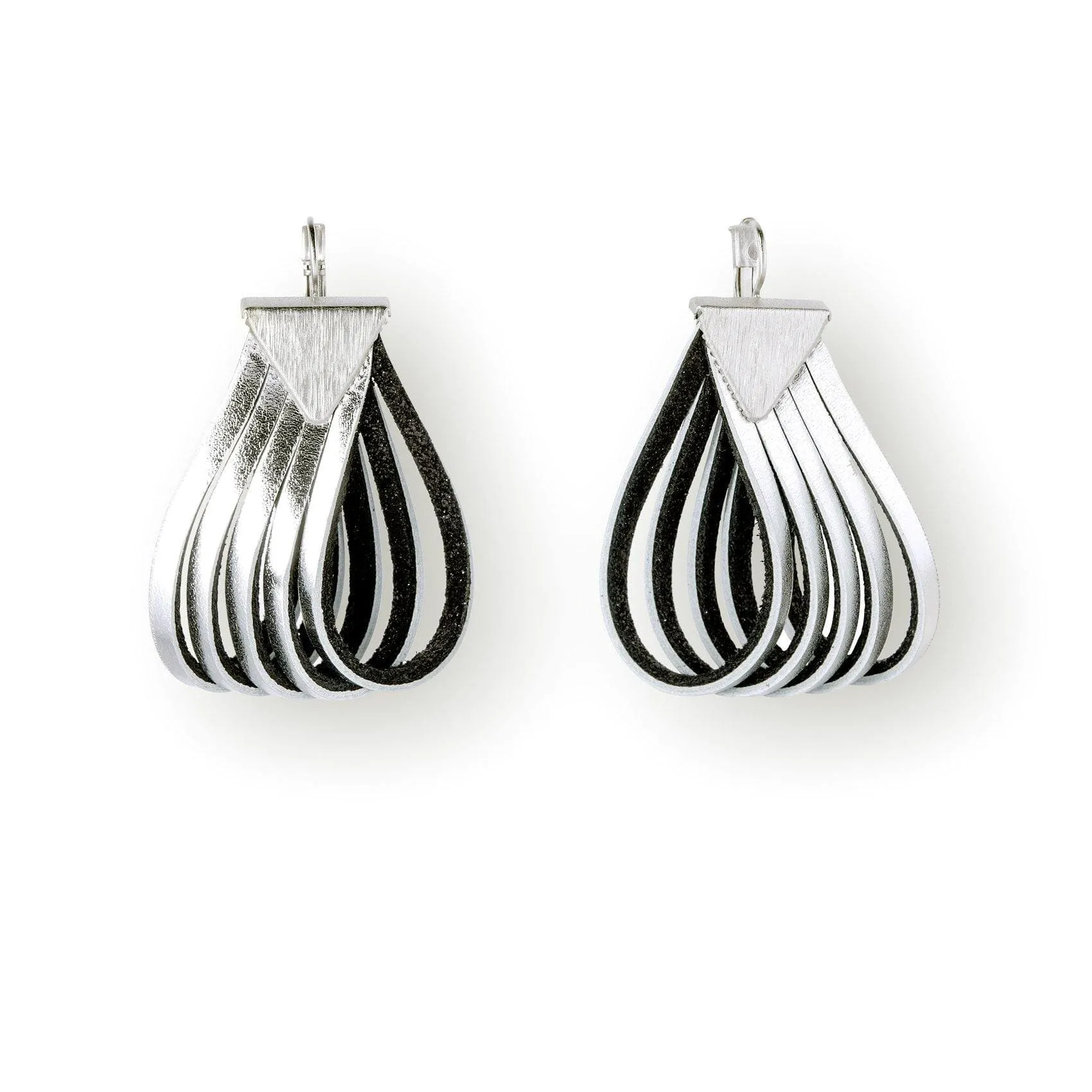 Twist bold silver leather earrings