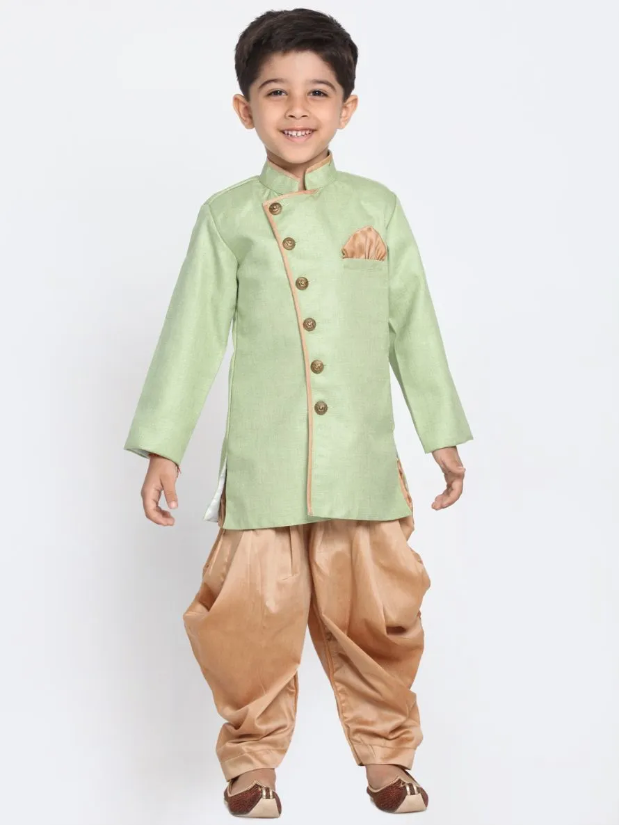 Vastramay Boy's Green Jute Silk Blend Sherwani Set