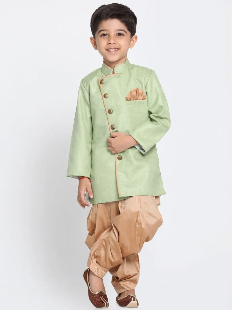 Vastramay Boy's Green Jute Silk Blend Sherwani Set