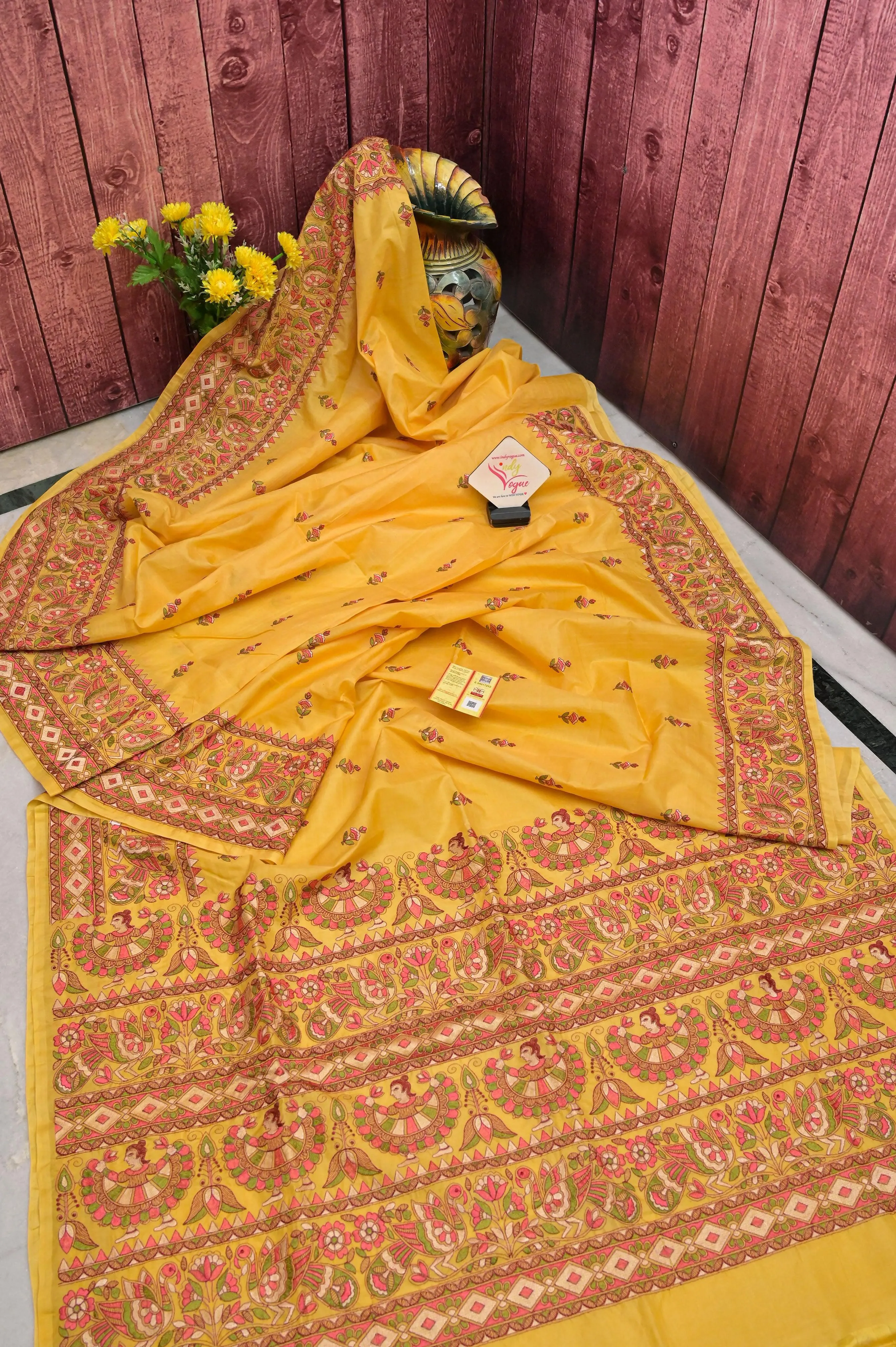 Yellow Color Pure Bangalore Silk Saree with Madhubani Style Embroidery