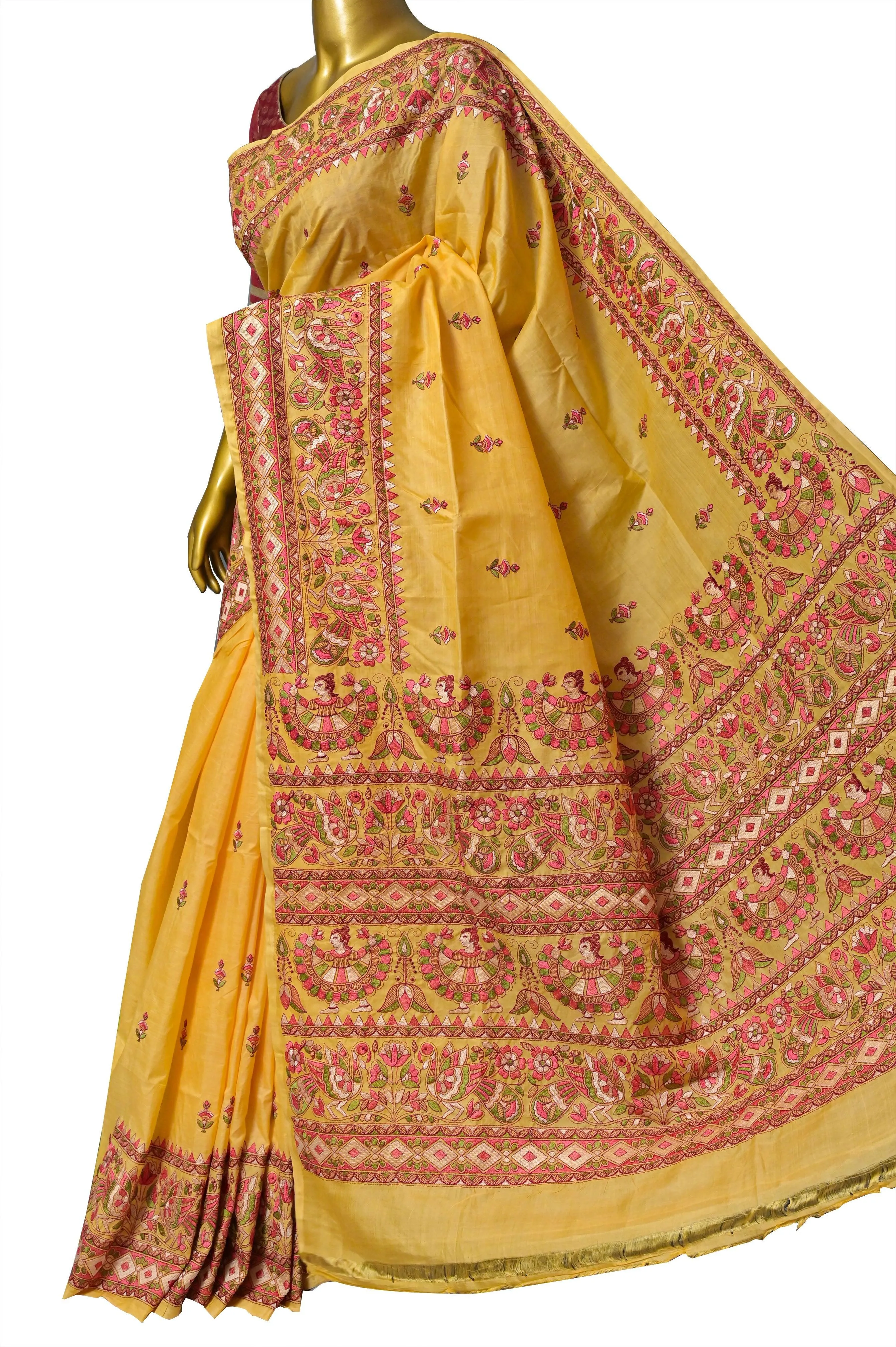 Yellow Color Pure Bangalore Silk Saree with Madhubani Style Embroidery