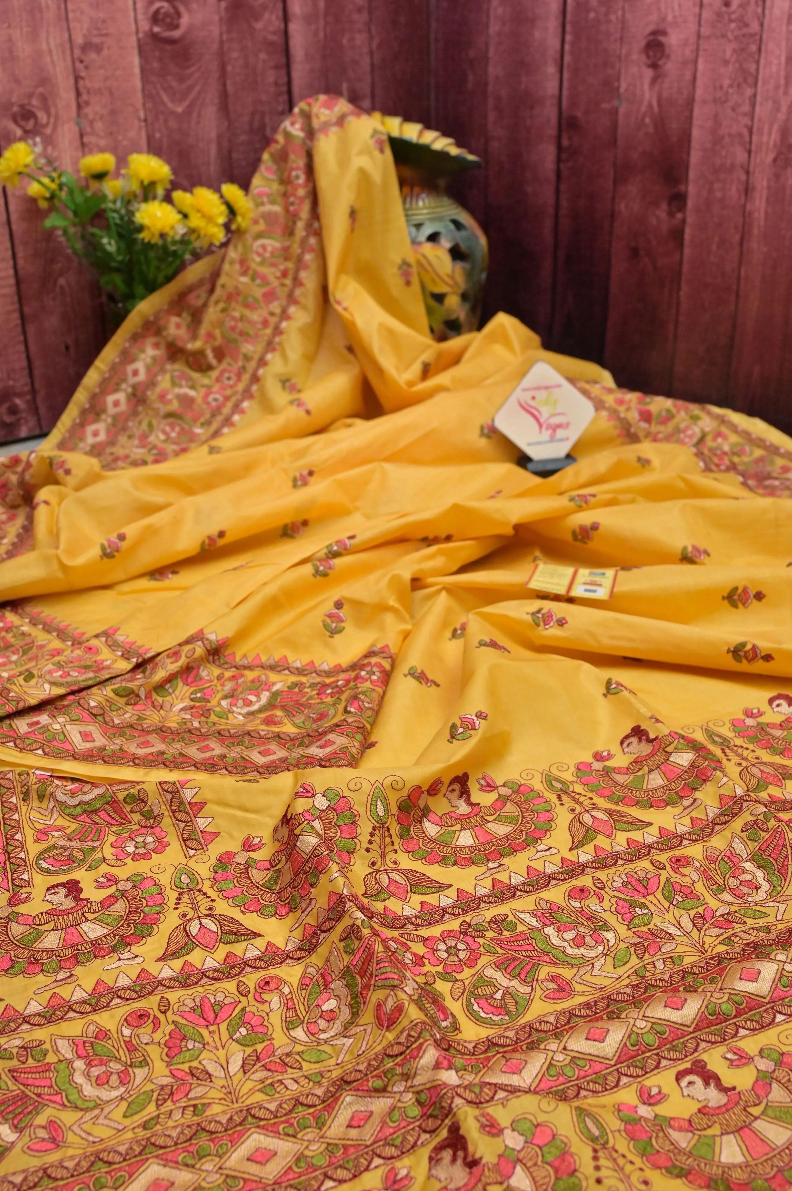 Yellow Color Pure Bangalore Silk Saree with Madhubani Style Embroidery