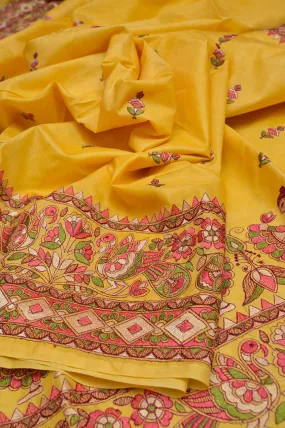 Yellow Color Pure Bangalore Silk Saree with Madhubani Style Embroidery