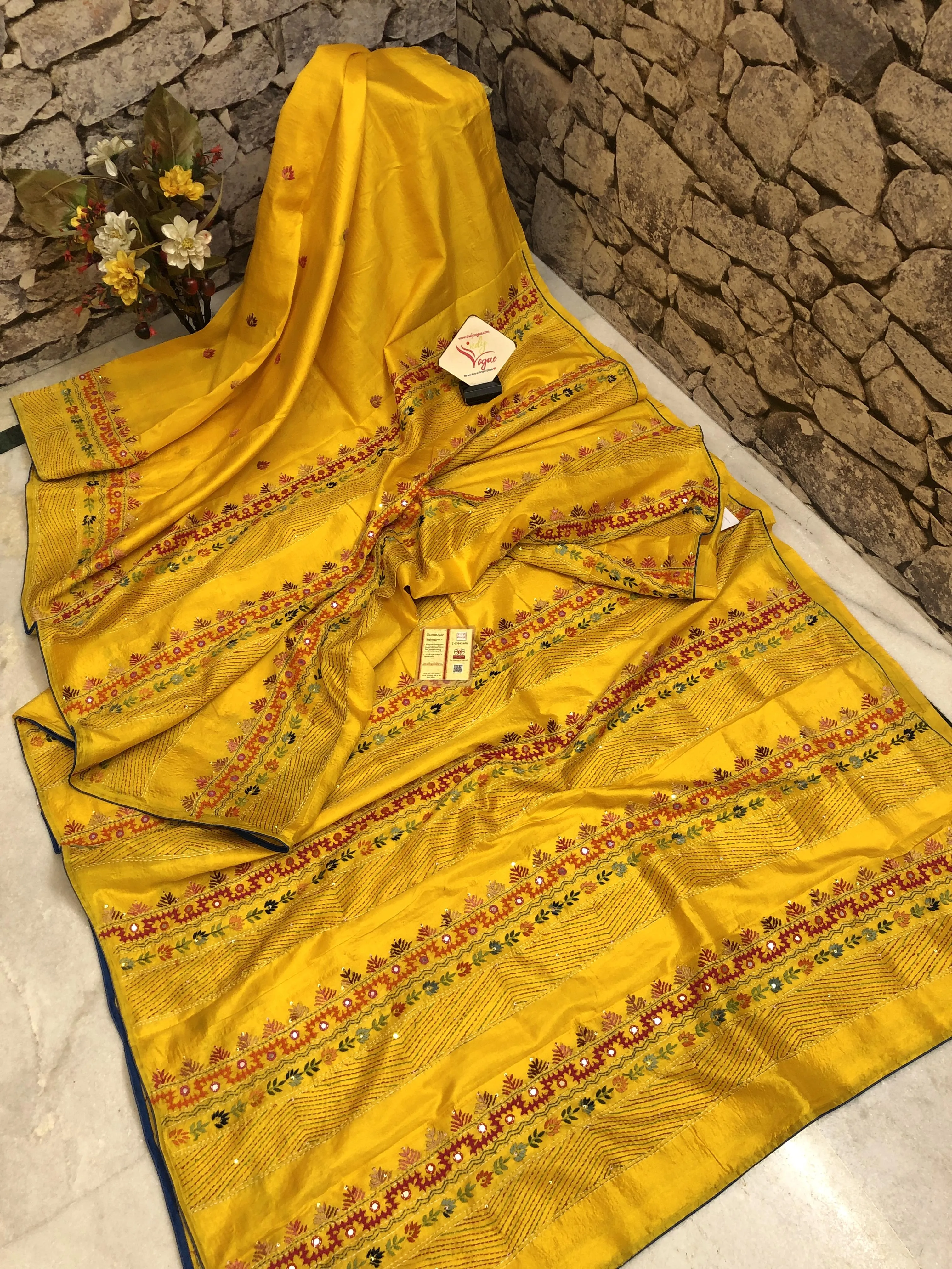 Yellow Color Pure Bangalore Silk with Hand Lambani Embroidery